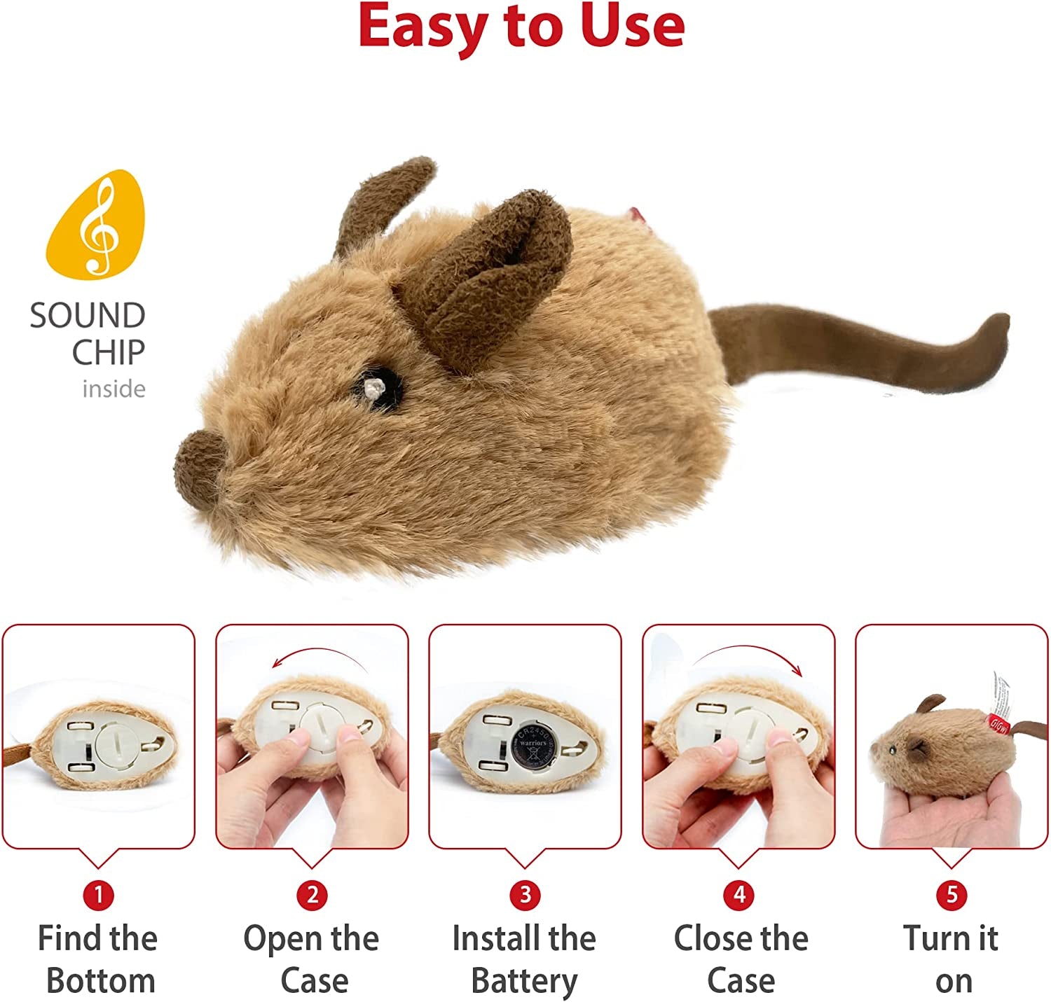 Interactive Moving Mouse Cat Toy with Realistic Squeaky Sound, Automatic Mouse Toys for Indoor Cats, Electronic Mouse Toy for Self Play & Exercise(Brown Ear)