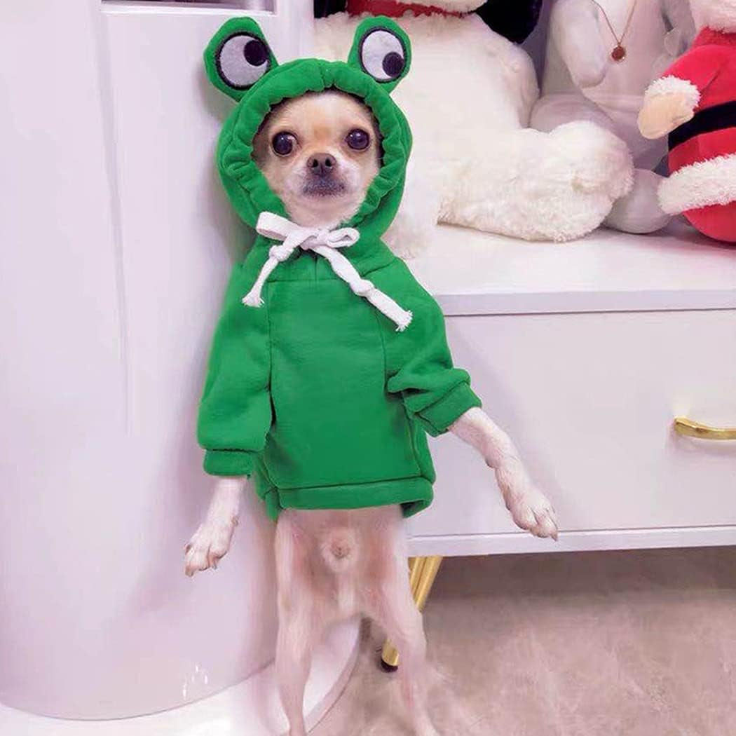 Pet Clothes Dog Hoodies Warm Sweatshirt Coat Puppy Autumn Winter Apparel Jumpsuit with Eye Hood, Frog, S
