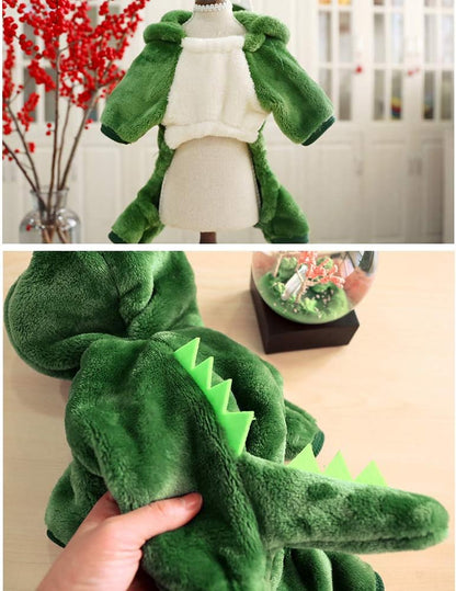 Dinosaur Soft Fleece Pet Hoodie Costume Dress Warm Pet Pajamas Clothes Four-Leg Jumpsuit Cosplay Outfit (X-Large, Dinosaur-Green-1)