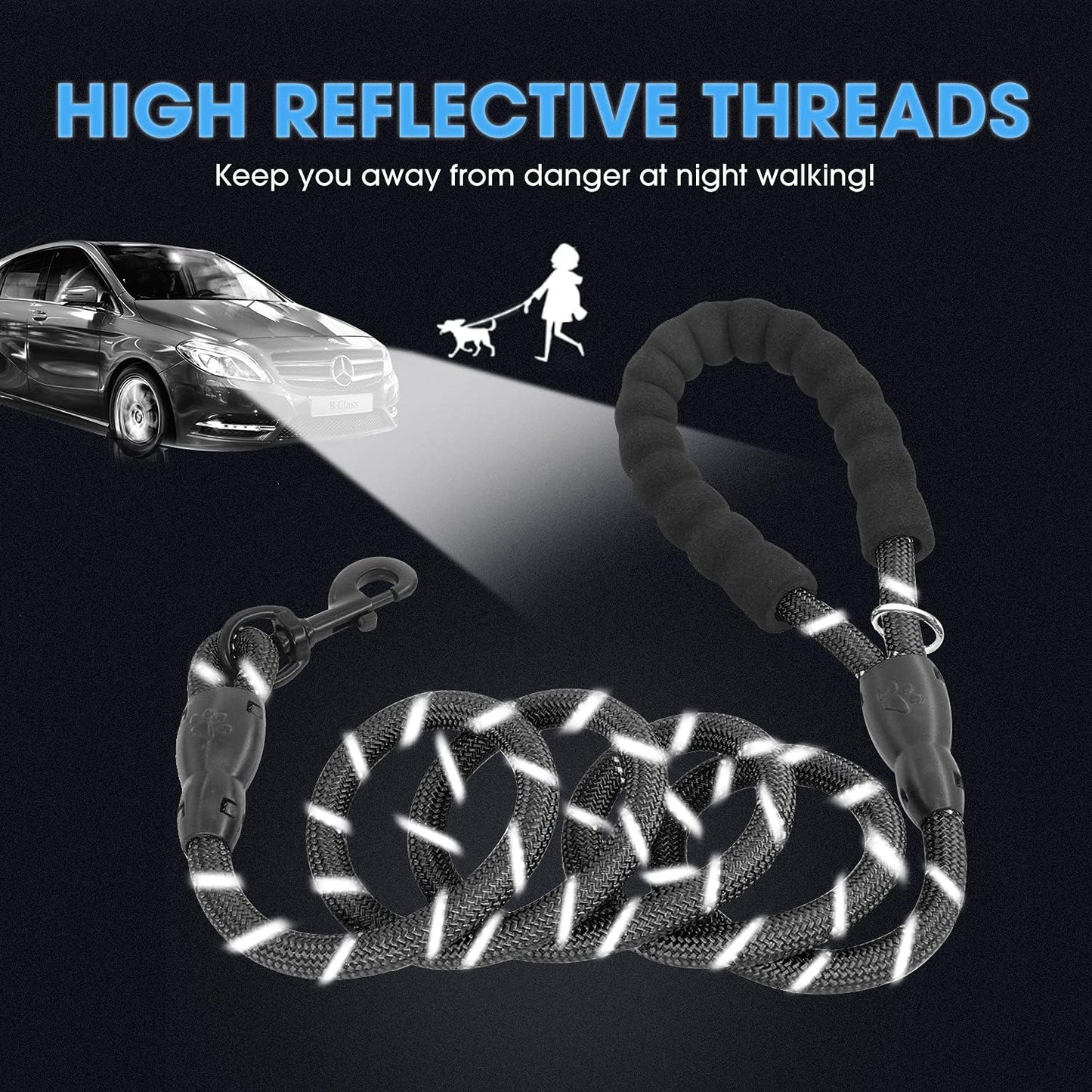 2 Packs 5/6 FT Dog Leash with Comfortable Padded Handle and Highly Reflective Threads Dog Leashes for Small Medium and Large Dogs (5FT-1/2'', Black+Black)