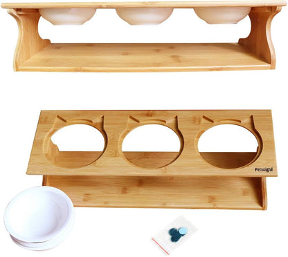 Cat Bowls Pet Dining Table with Raised Slope Wooden Stand Elevated Pet Bowls with Oblique Stand for Cats, Dogs, Kitten and Puppy (3 Bowls, Ceramics)