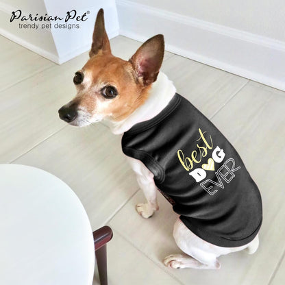 Dog Tshirt - Embroidered “ Best Dog Ever “ Shirt - Pure Cotton and Lightweight Pets Clothes - Sleeveless Black Doggy Tee Shirts - Machine Washable Shirt for Large Dogs - L
