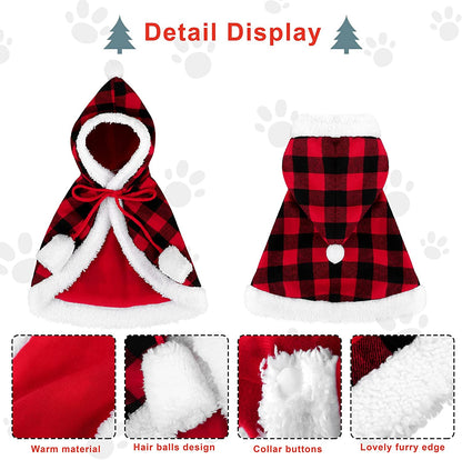 Christmas Cat Dog Costume Red Black Buffalo Plaid Pet Santa Cape with Xmas Hat Cat Collars with Bell and Bowtie Cats Cloak Pet Costume for Party Cosplay Christmas Pets Dress up (Medium)