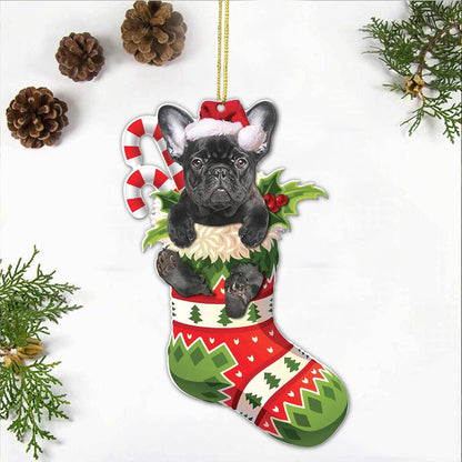 Black French Bulldog Christmas Acrylic Flat Ornament - Frenchie Puppy in Stocking with Santa Hat - Perfect Holiday Tree Decoration for Dog Lovers- 2024 Black Frenchie Dog Christmas Ornament
