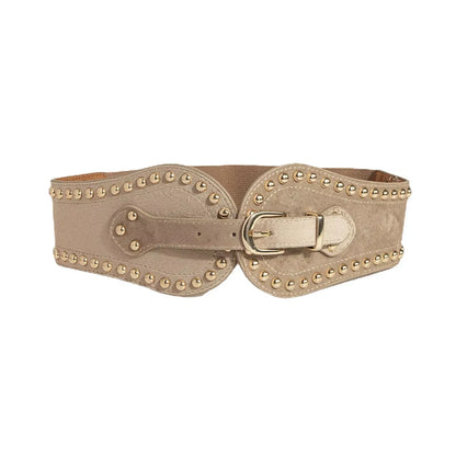 2024 New Women'S Fashion and Handsome Suede Rivet Elastic Wide Belt Adjustable Western Elastic Belt