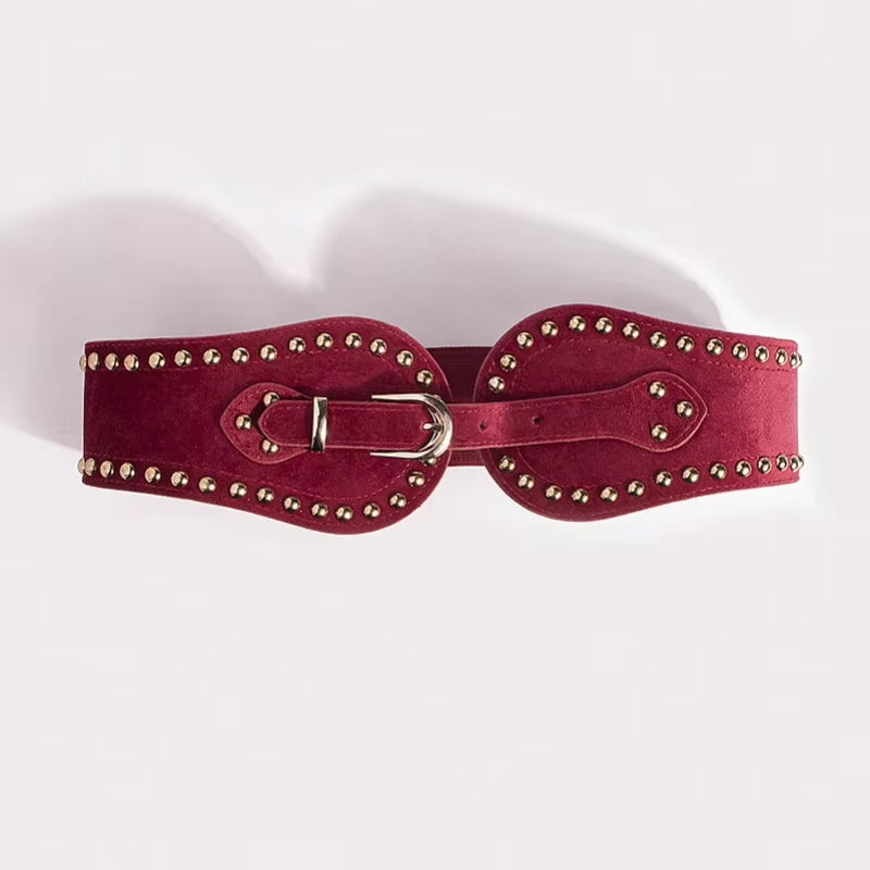 2024 New Women'S Fashion and Handsome Suede Rivet Elastic Wide Belt Adjustable Western Elastic Belt