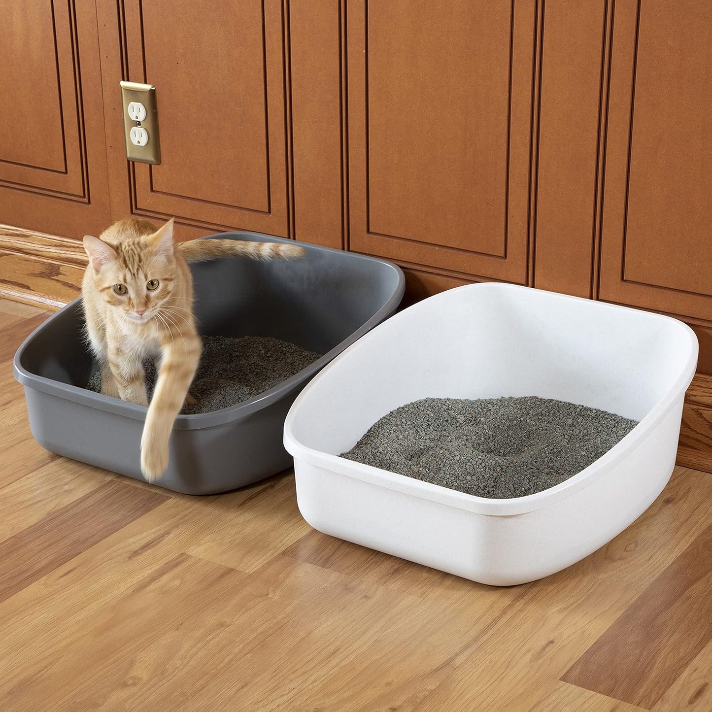 Large Cat Litter Box Set – 2 Open Litter Pans with High Back, Easy to Clean & Durable Plastic – XL Litter Box for Odor Control & Multi-Cat Households