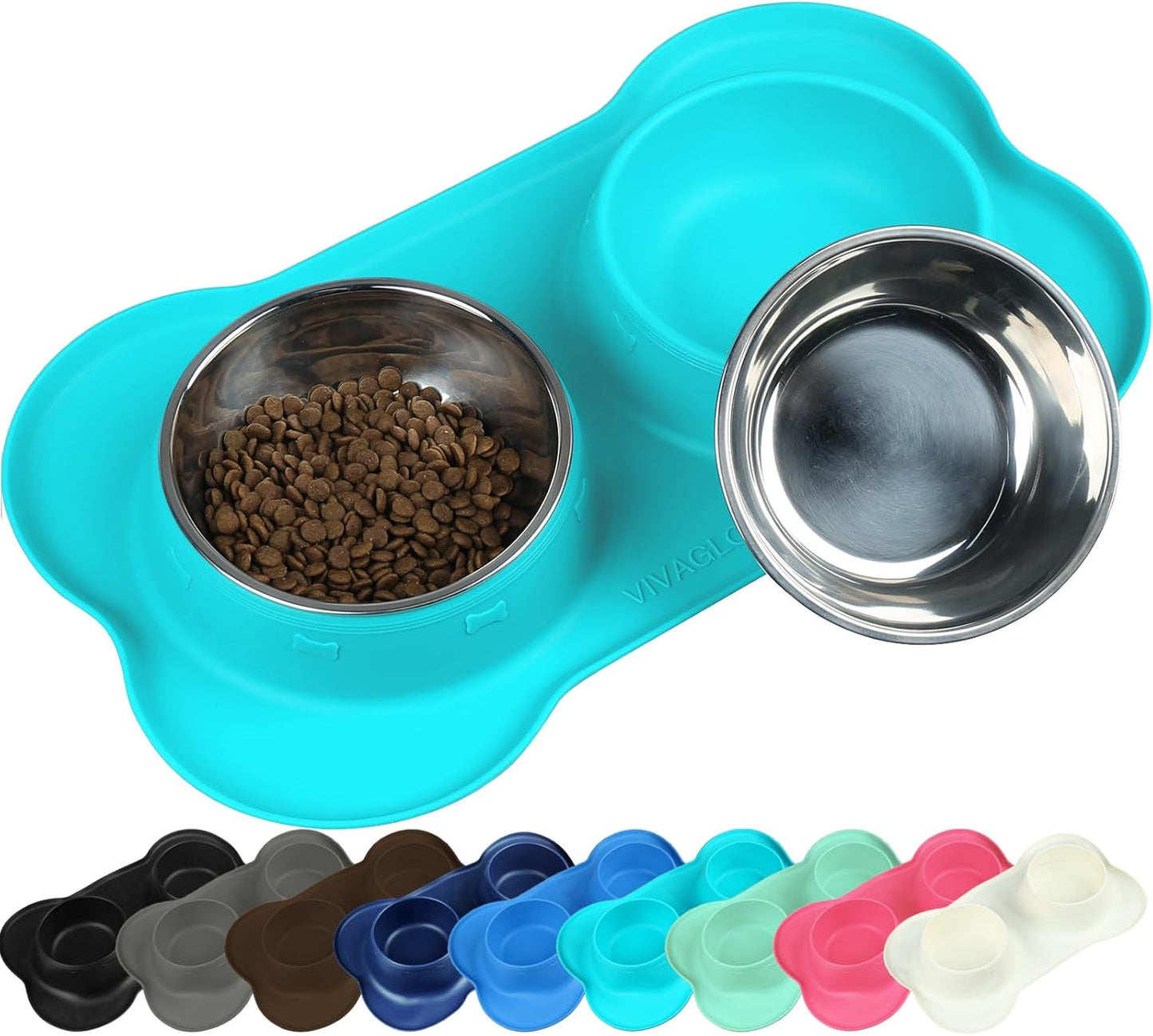 Dog Bowls, Dog Food Bowls, Stainless Steel Cat Puppy Water Bowls with Non Spill Skid Resistant Silicone Mat, Small, Turquoise