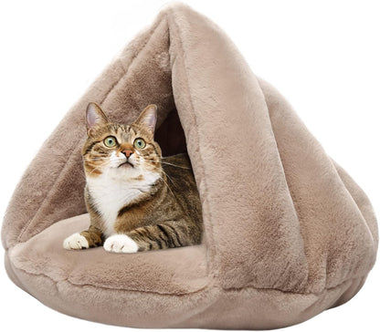 Soft Warm Cat Bed for Winter Cat Tent Self-Warming Sleeping Bed for Cats Fleece Pet Cave Bed for Winter Pets Puppy Indoor Pet Triangle Nest (Camel)
