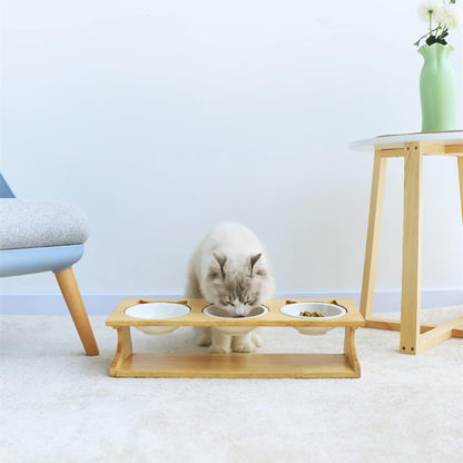 Cat Bowls Pet Dining Table with Raised Slope Wooden Stand Elevated Pet Bowls with Oblique Stand for Cats, Dogs, Kitten and Puppy (3 Bowls, Ceramics)