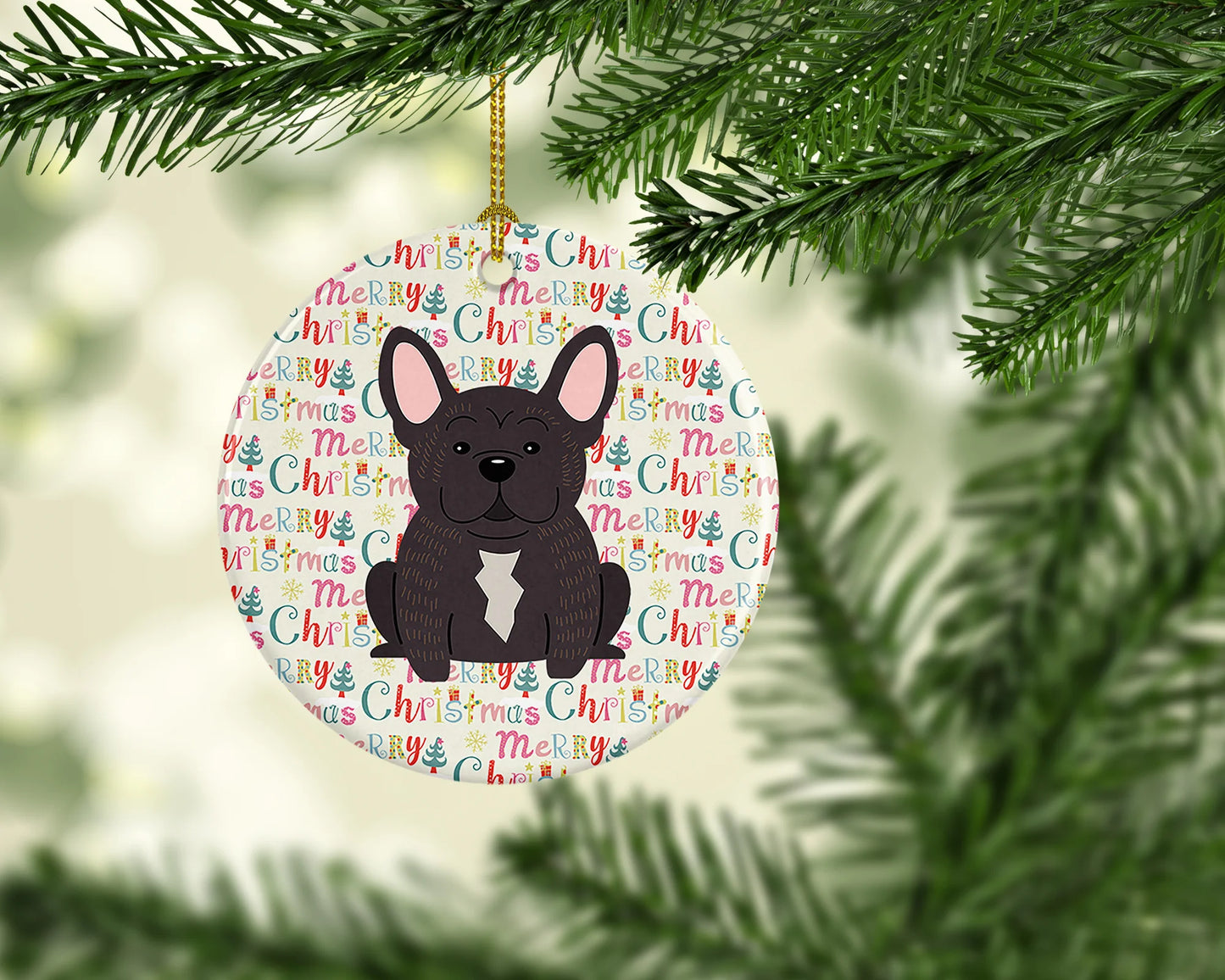 Merry Christmas French Bulldog Brindle Ceramic Ornament