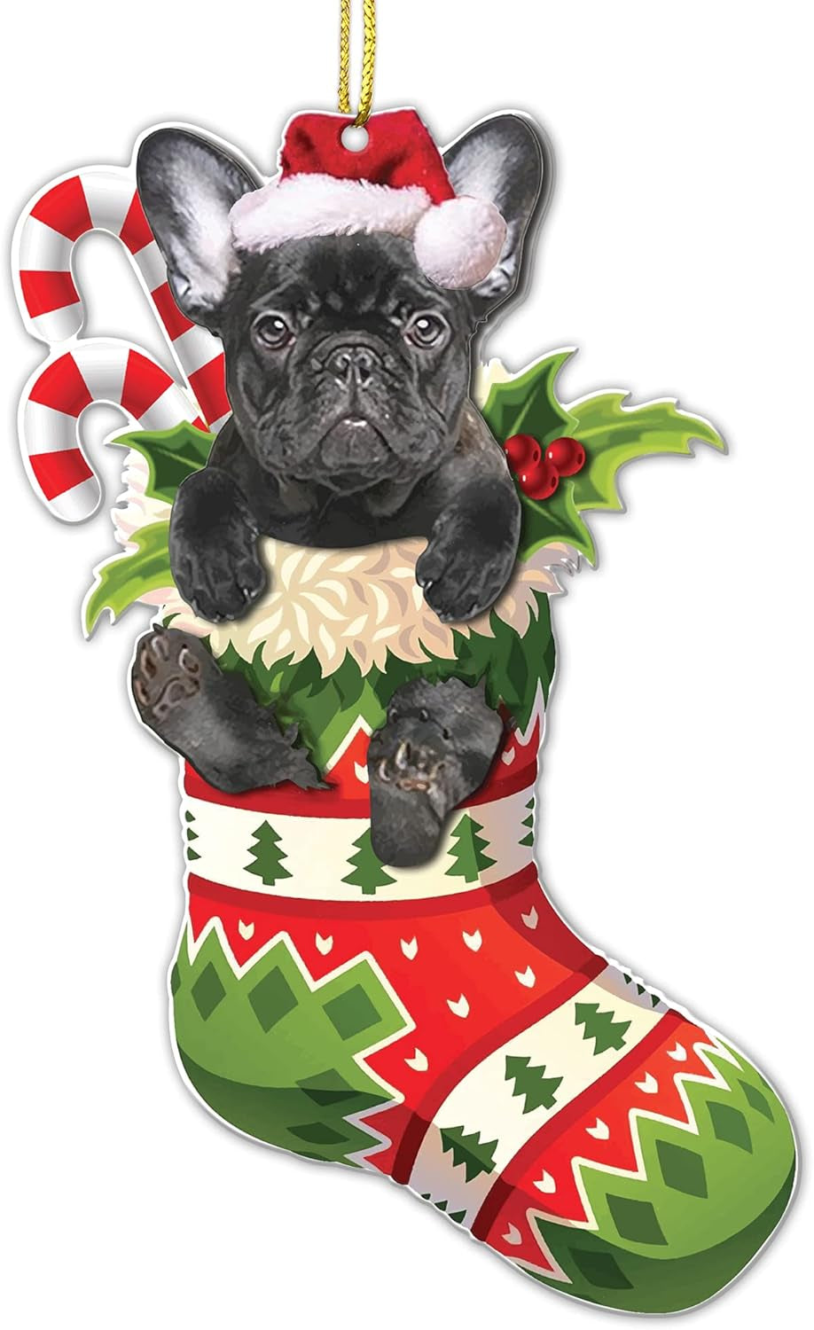 Black French Bulldog Christmas Acrylic Flat Ornament - Frenchie Puppy in Stocking with Santa Hat - Perfect Holiday Tree Decoration for Dog Lovers- 2024 Black Frenchie Dog Christmas Ornament