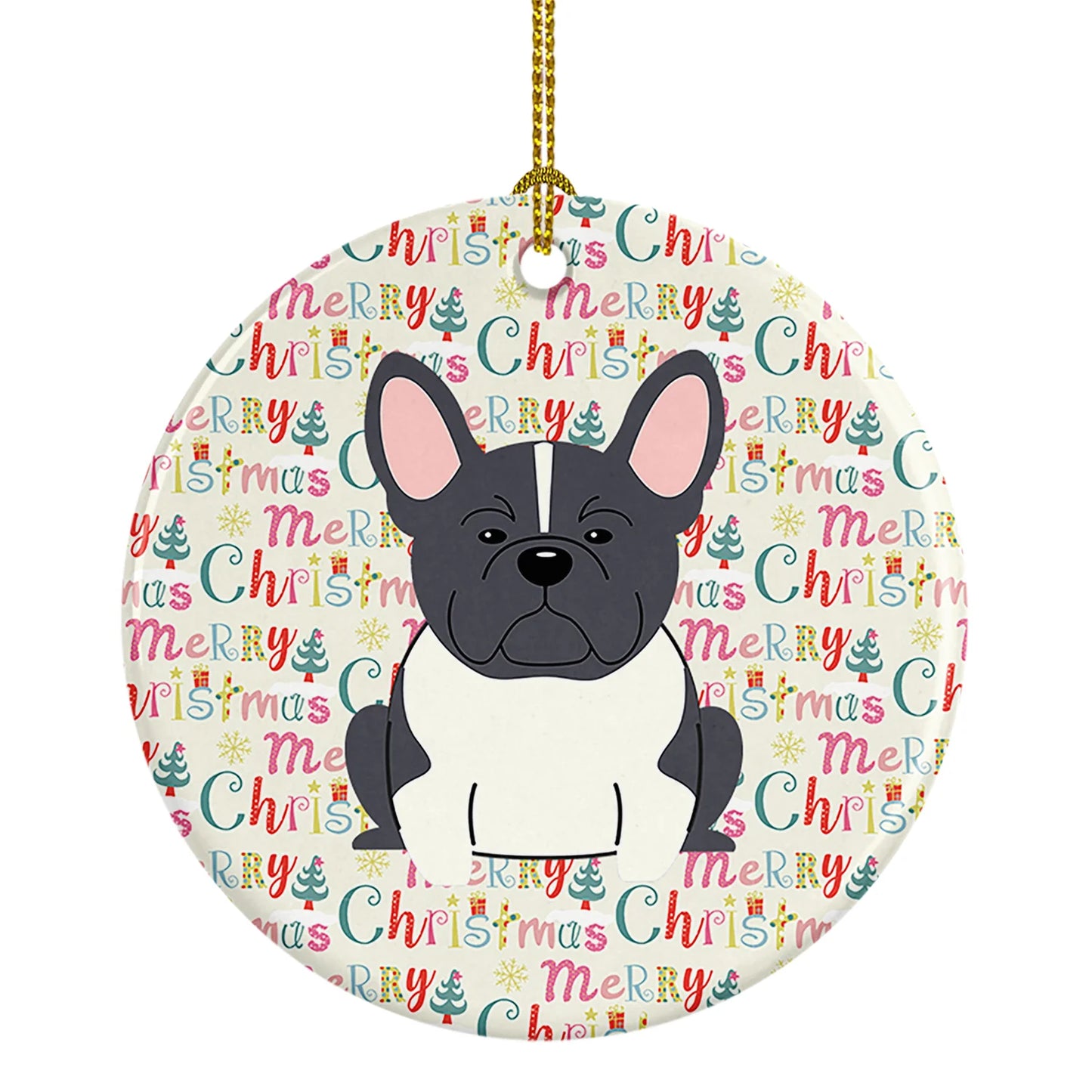 Merry Christmas French Bulldog Black White Ceramic Ornament