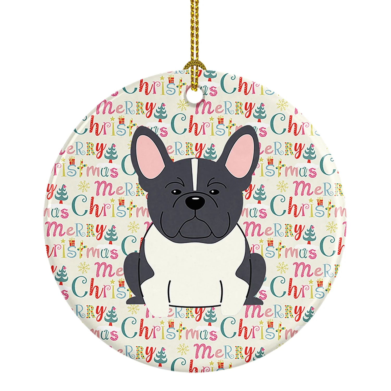 Merry Christmas French Bulldog Black White Ceramic Ornament