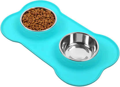 Dog Bowls, Dog Food Bowls, Stainless Steel Cat Puppy Water Bowls with Non Spill Skid Resistant Silicone Mat, Small, Turquoise