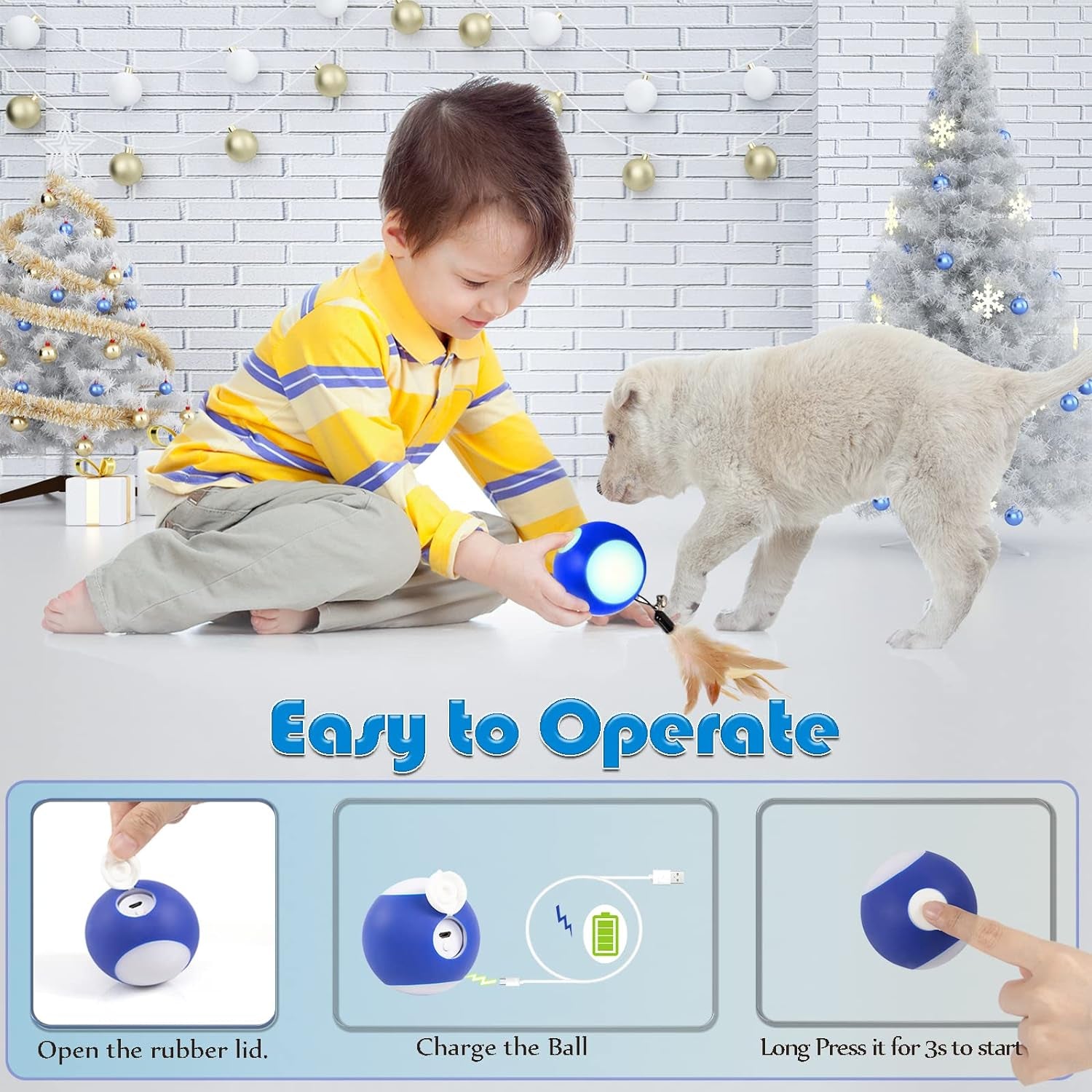 Automatic Interactive Cat Toy Ball Toy Moving Wicked Ball for Indoor Cats/Kitten, Rechargable Interactive Feather Wicked Ball with Bell & LED Lights for Your Pet Play/Exercise(Black)