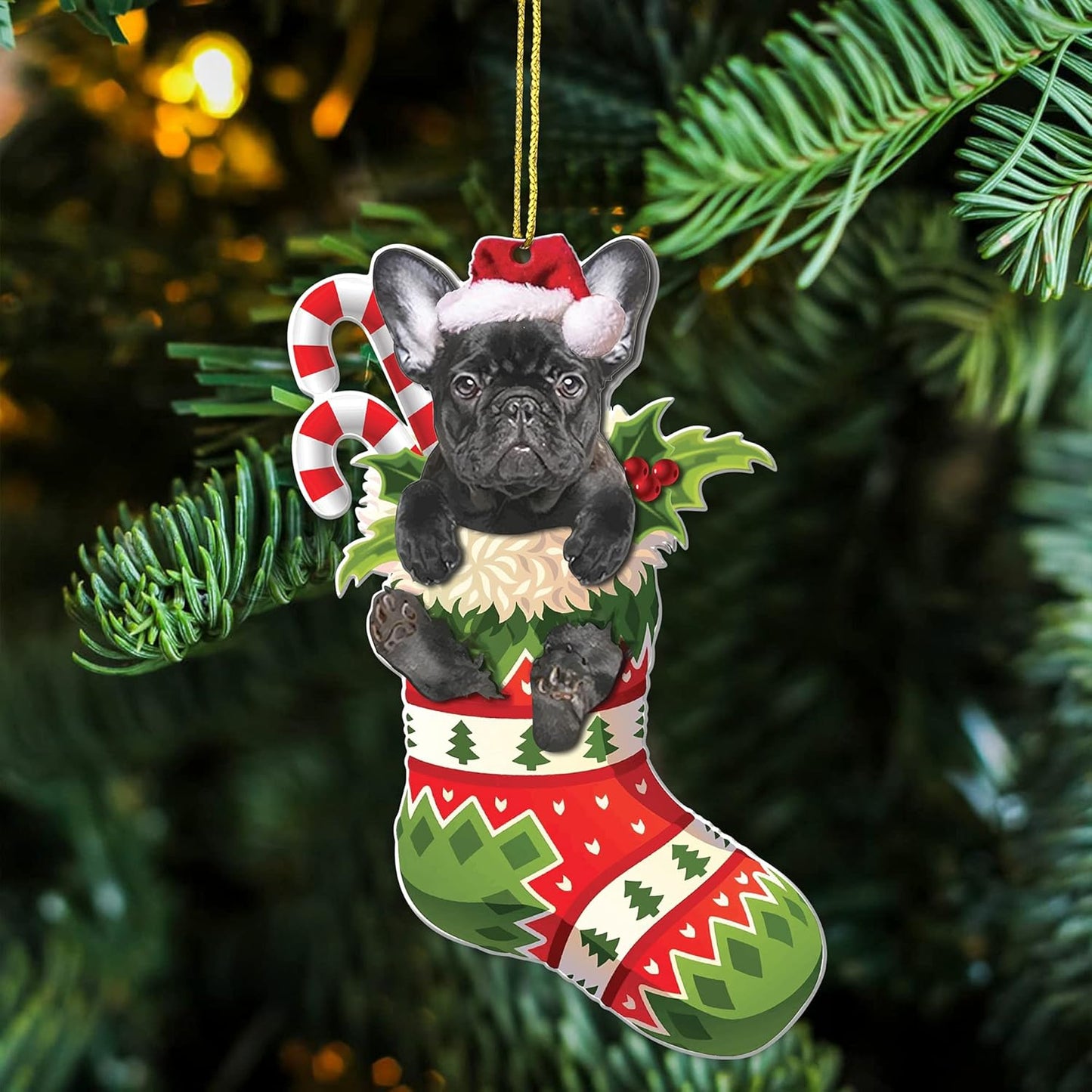 Black French Bulldog Christmas Acrylic Flat Ornament - Frenchie Puppy in Stocking with Santa Hat - Perfect Holiday Tree Decoration for Dog Lovers- 2024 Black Frenchie Dog Christmas Ornament