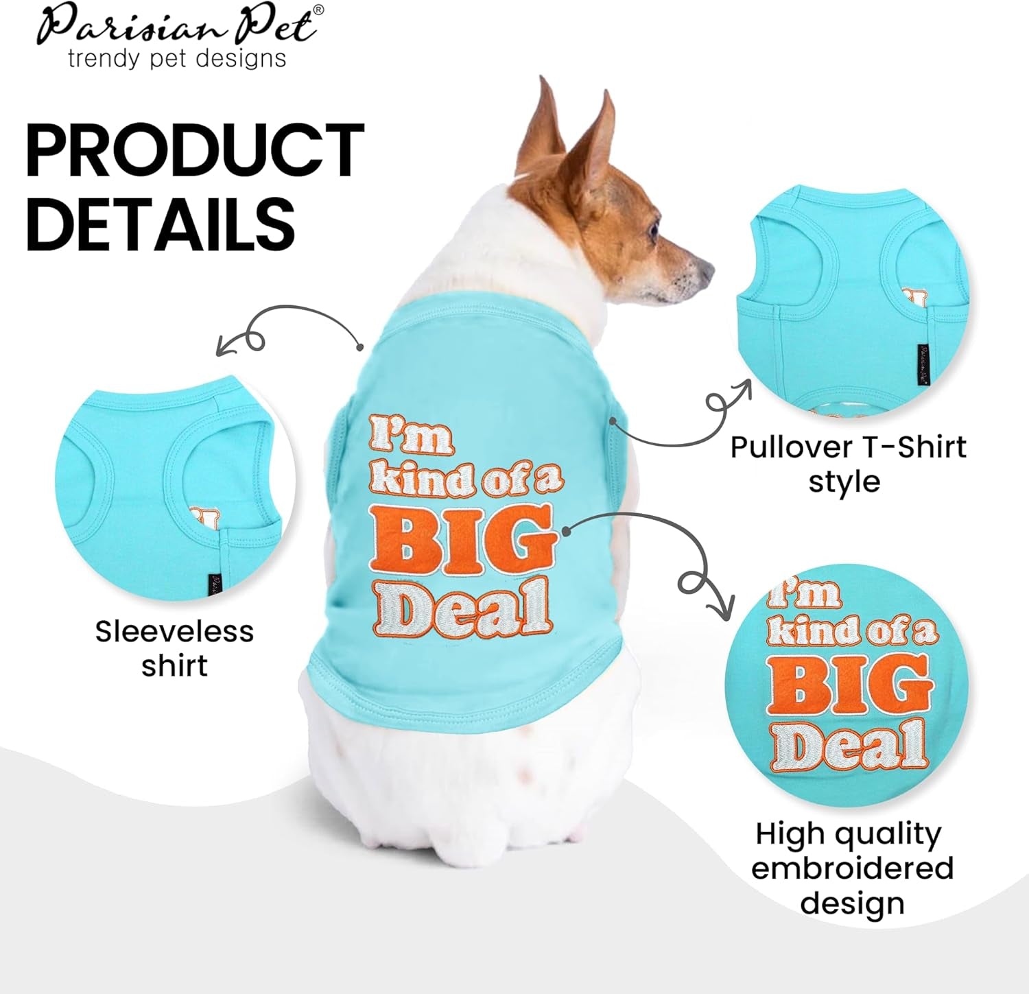 Dog Tshirt - Embroidered “ I’M Kind of Big Deal “ Shirt - Lightweight and Skin Friendly Dog Clothes - Sleeveless Tee Shirts - Machine Washable Shirts for Small Dogs - XXS