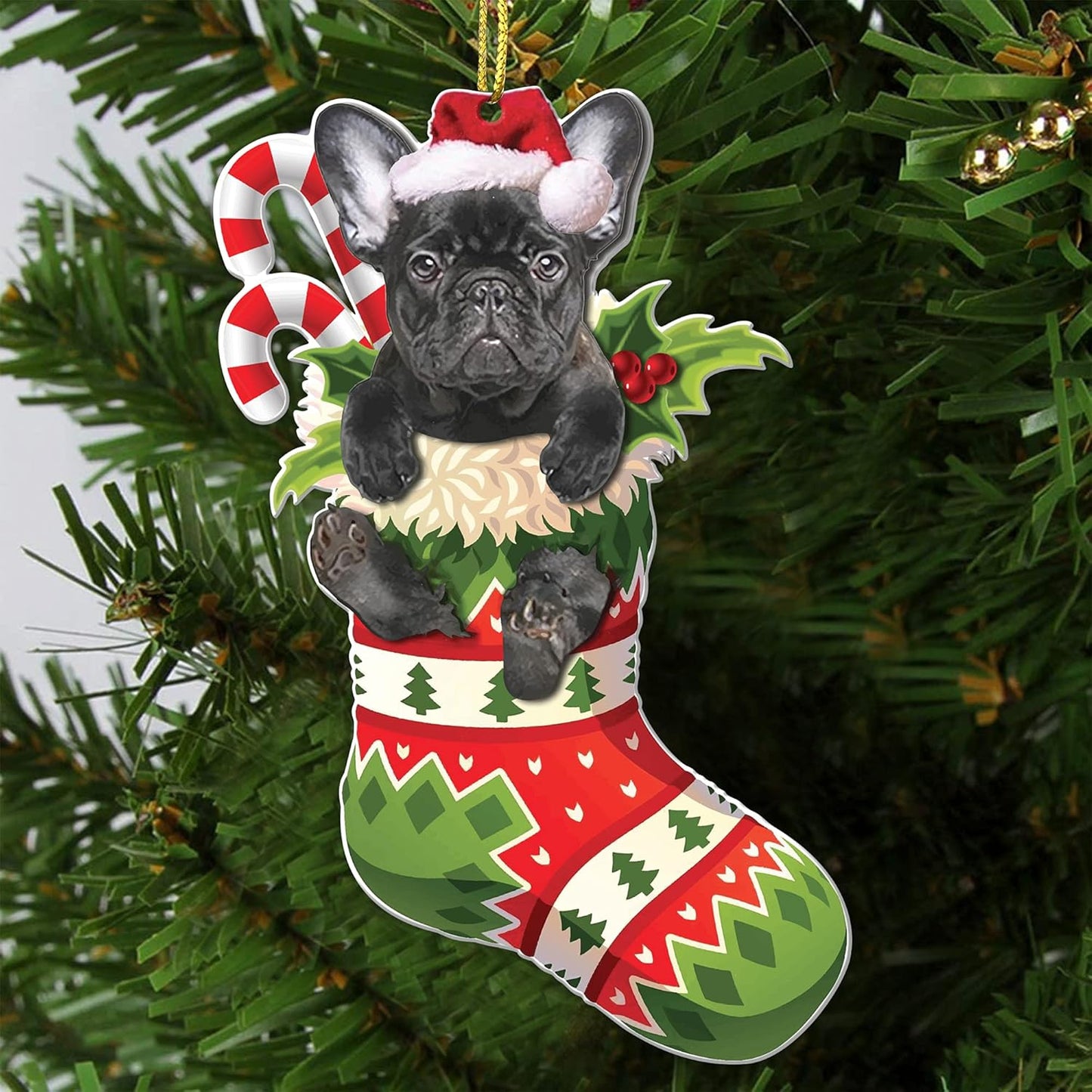 Black French Bulldog Christmas Acrylic Flat Ornament - Frenchie Puppy in Stocking with Santa Hat - Perfect Holiday Tree Decoration for Dog Lovers- 2024 Black Frenchie Dog Christmas Ornament