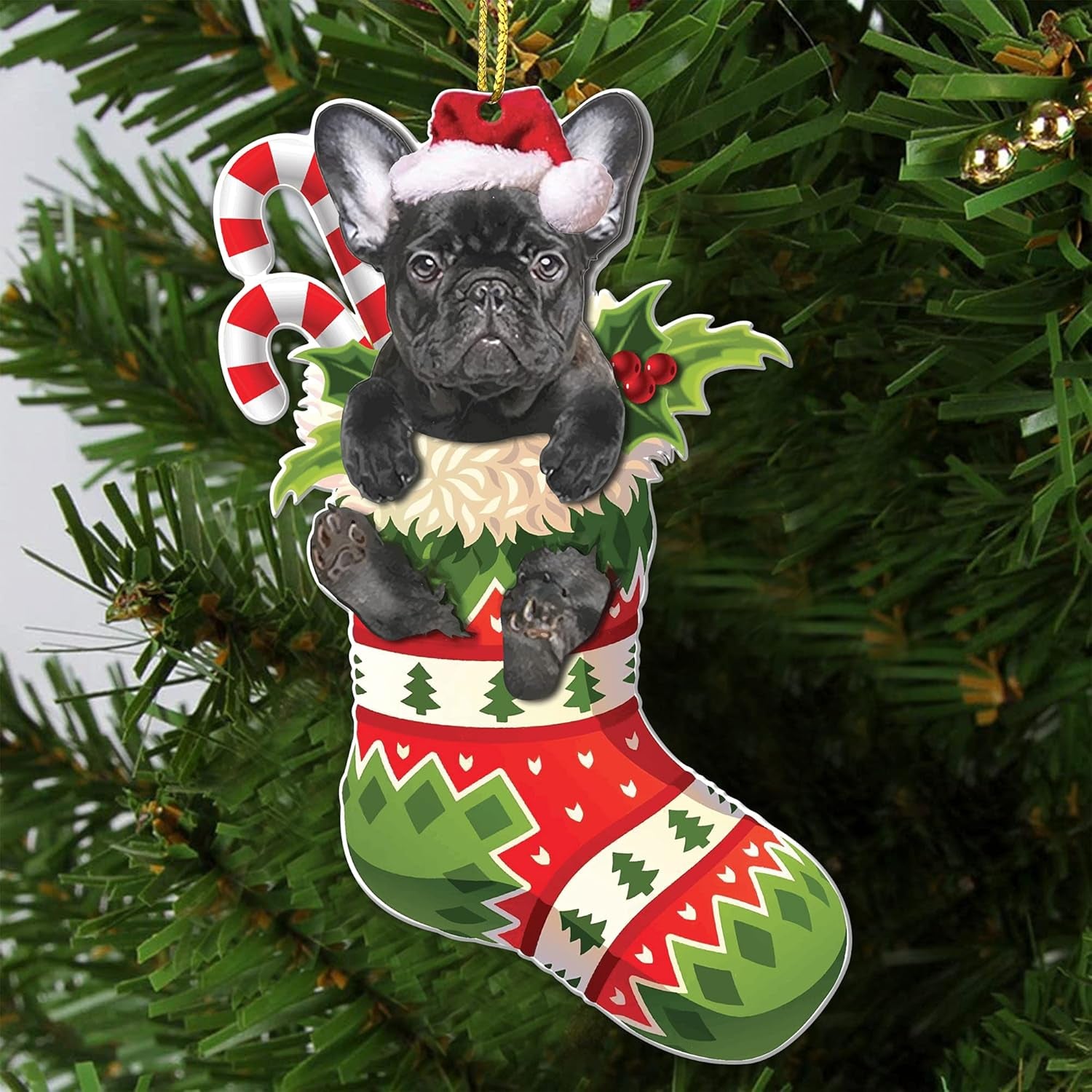 Black French Bulldog Christmas Acrylic Flat Ornament - Frenchie Puppy in Stocking with Santa Hat - Perfect Holiday Tree Decoration for Dog Lovers- 2024 Black Frenchie Dog Christmas Ornament