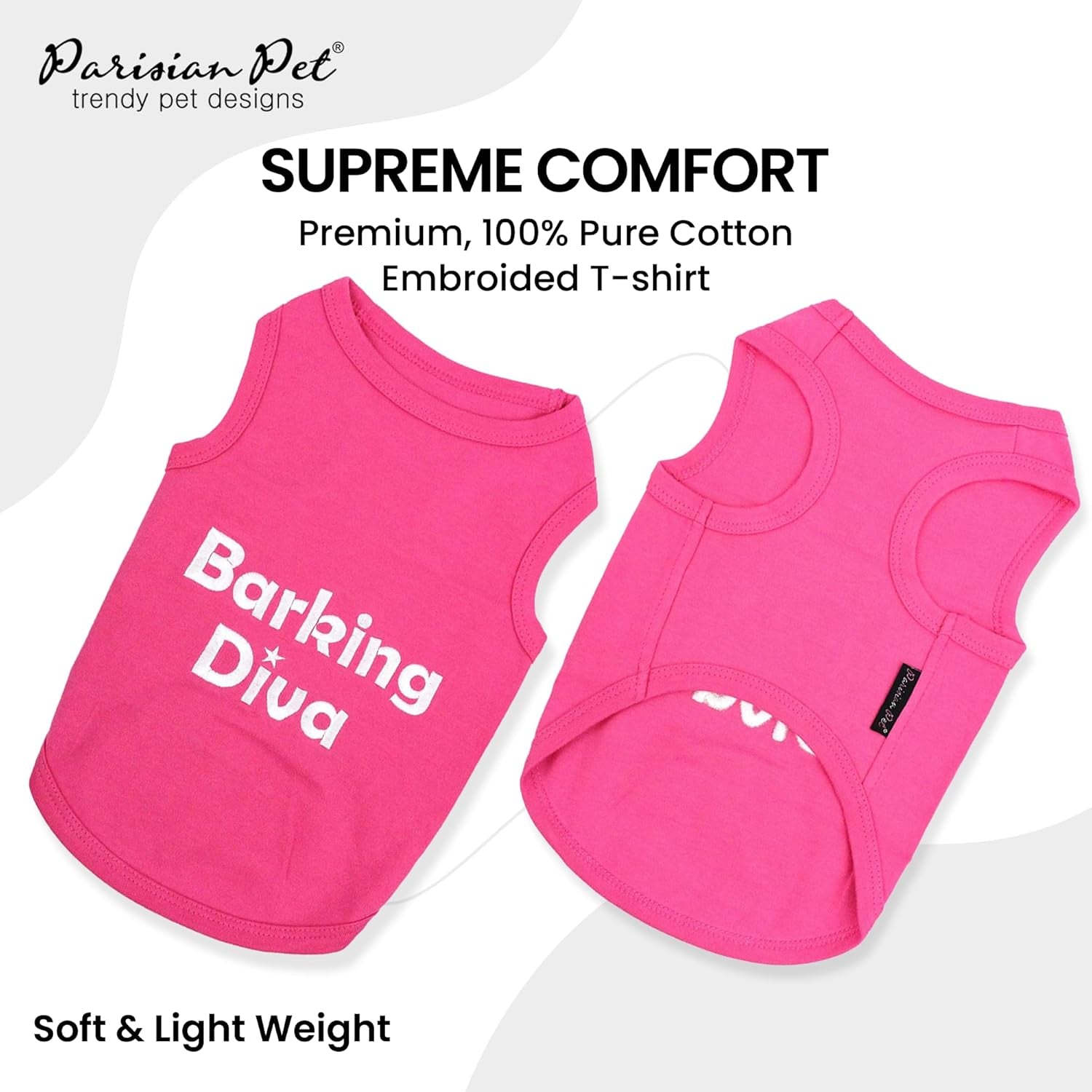 Dog Tshirt - Embroidered “Barking Diva“ Shirt - Breathable and Lightweight Doggy Clothes Female - Sleeveless Pink Pet Tee Shirts - Machine Washable Shirts for Medium Dogs Girl - M