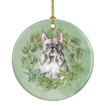 French Bulldog Blue Christmas Wreath Ceramic Ornament