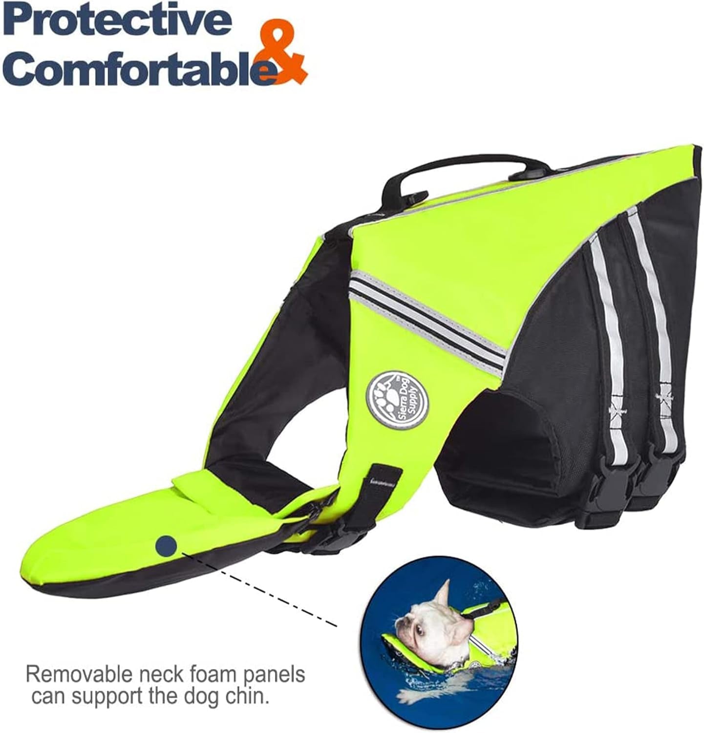 French Bulldog Life Jacket, Life Vest with Chin Float Rescue Handle for Corgi Pug, Adjustable High Visibility Flotation Swim Vest for Swimming Boating (Green)