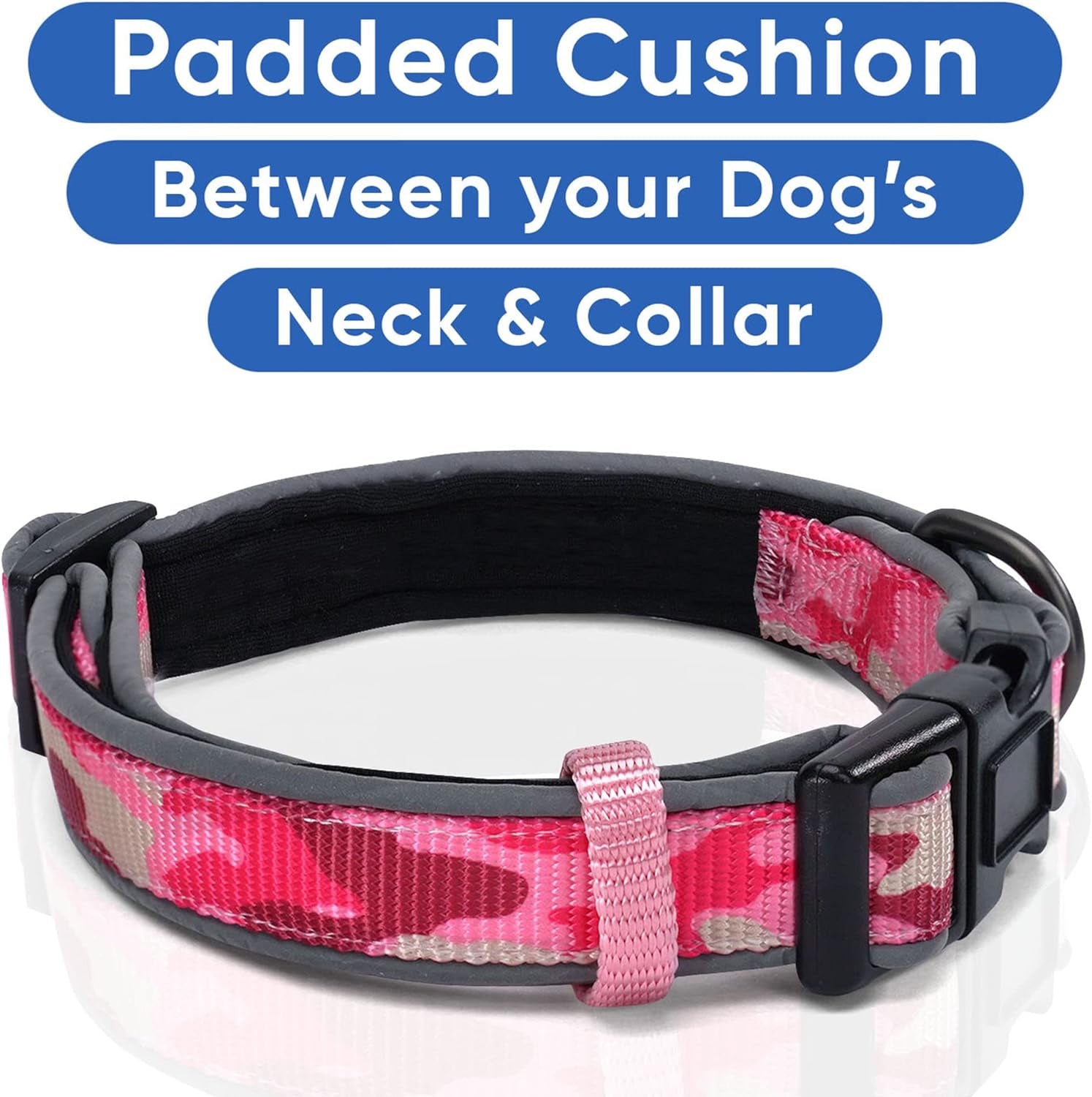 Soft Adjustable Reflective Padded Pet Dog Collar Camouflage Pink Camo Medium / Large 3/4 Inch