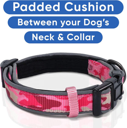 Soft Adjustable Reflective Padded Pet Dog Collar Camouflage Pink Camo Medium / Large 3/4 Inch
