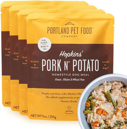 Hopkin'S Pork 'N' Potato All Natural Dog Food, Fully Cooked Microwavable Meal Pouches, Grain & Gluten-Free, USA Made, 4 Pack (4 X 9Oz)