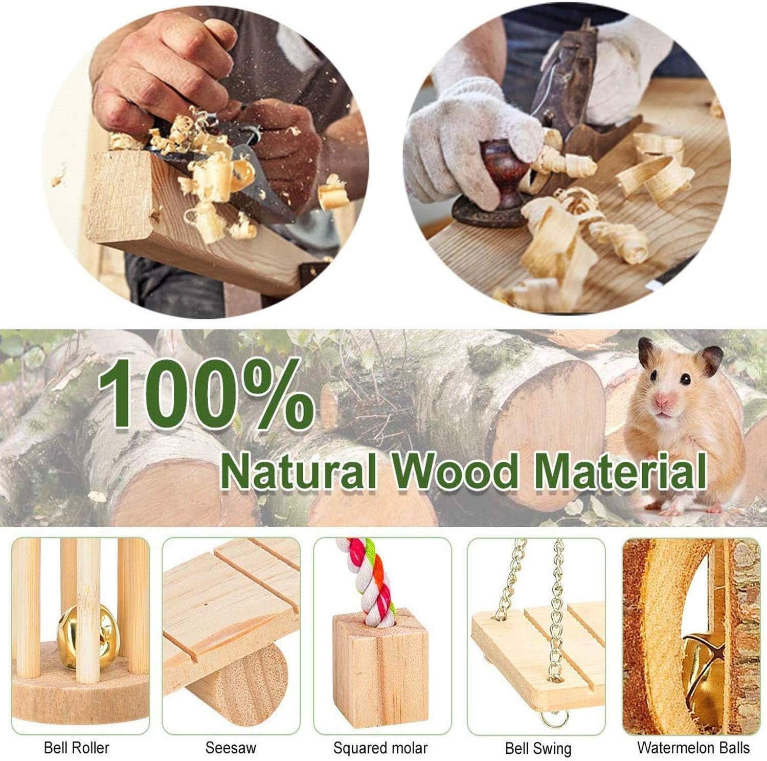 12PCS Hamster Chew Toys Guinea Pig Toys Natural Wooden Pine Rats Chinchillas Toys Accessories Dumbells Exercise Bell Roller Teeth Care Molar Toy for Birds Bunny Rabbits Gerbils