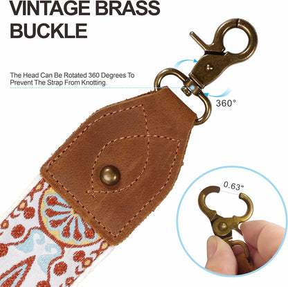 Purse Strap, 2" Crazy Horse Leather End Shoulder Strap Adjustable Replacement,Retro Jacquard Embroidery Multi-Pattern Crossbody Bag Straps for Handbag,Crossbody Bags(White Woven)