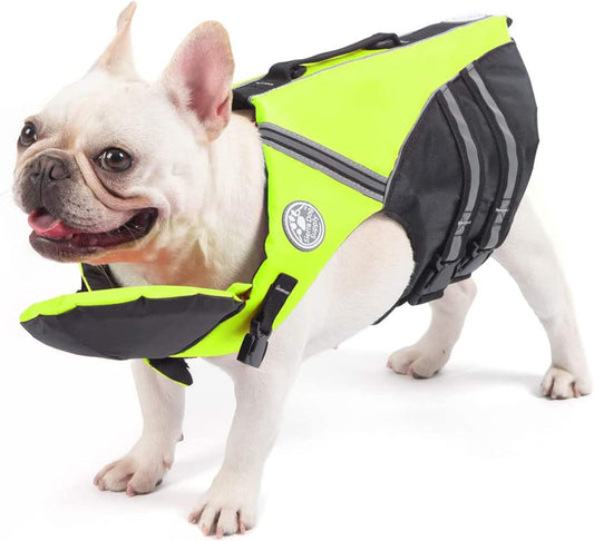 French Bulldog Life Jacket, Life Vest with Chin Float Rescue Handle for Corgi Pug, Adjustable High Visibility Flotation Swim Vest for Swimming Boating (Green)