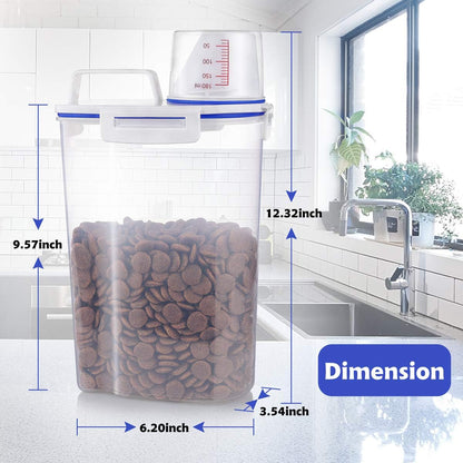 Pet Dog Food Storage Container Small, Airtight Cat Food Container with Measuring Cup, 4 Seal Buckles Food Dispenser with Scoop for Regular Food, Dog, Cat, Bird (White)