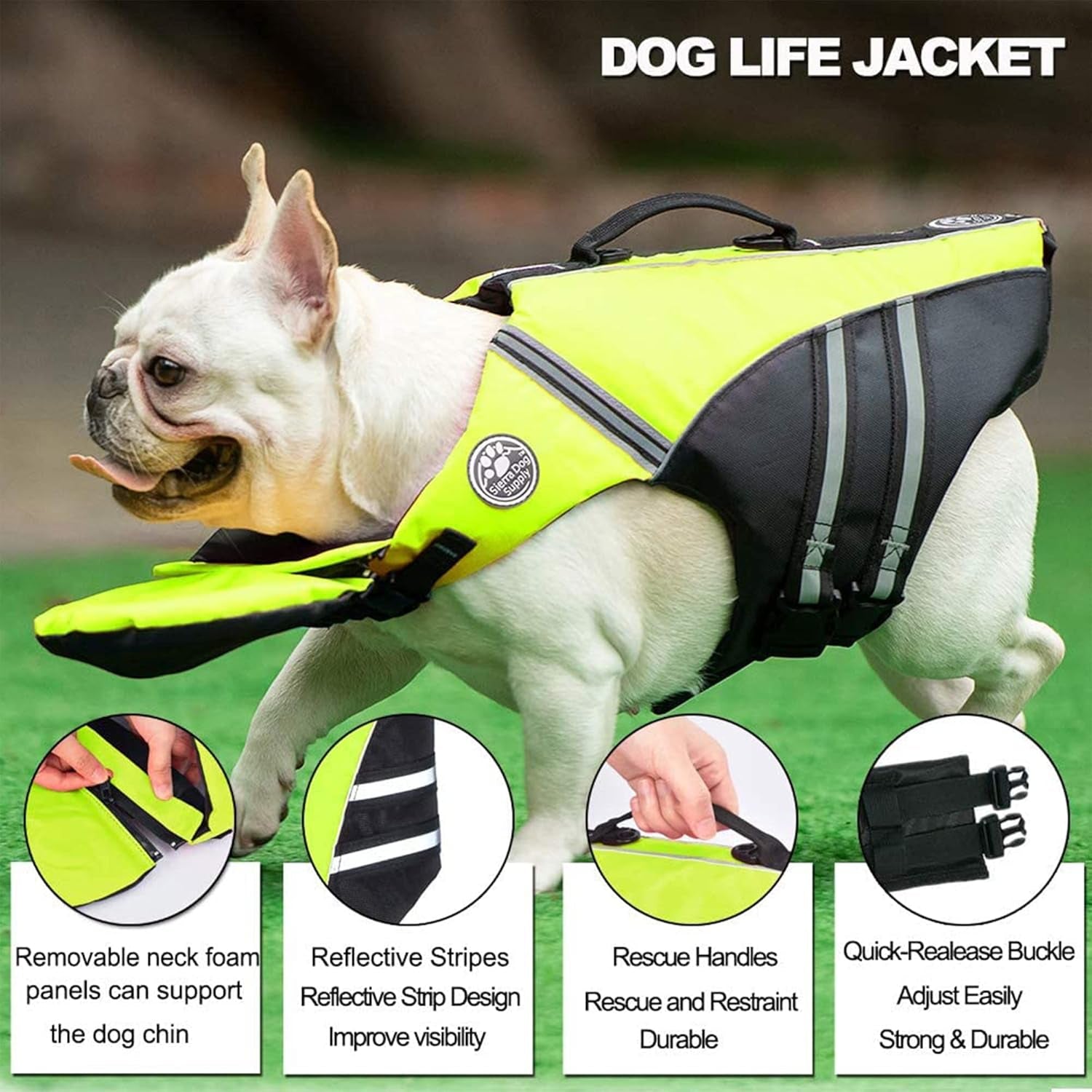French Bulldog Life Jacket, Life Vest with Chin Float Rescue Handle for Corgi Pug, Adjustable High Visibility Flotation Swim Vest for Swimming Boating (Green)