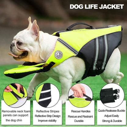 French Bulldog Life Jacket, Life Vest with Chin Float Rescue Handle for Corgi Pug, Adjustable High Visibility Flotation Swim Vest for Swimming Boating (Green)