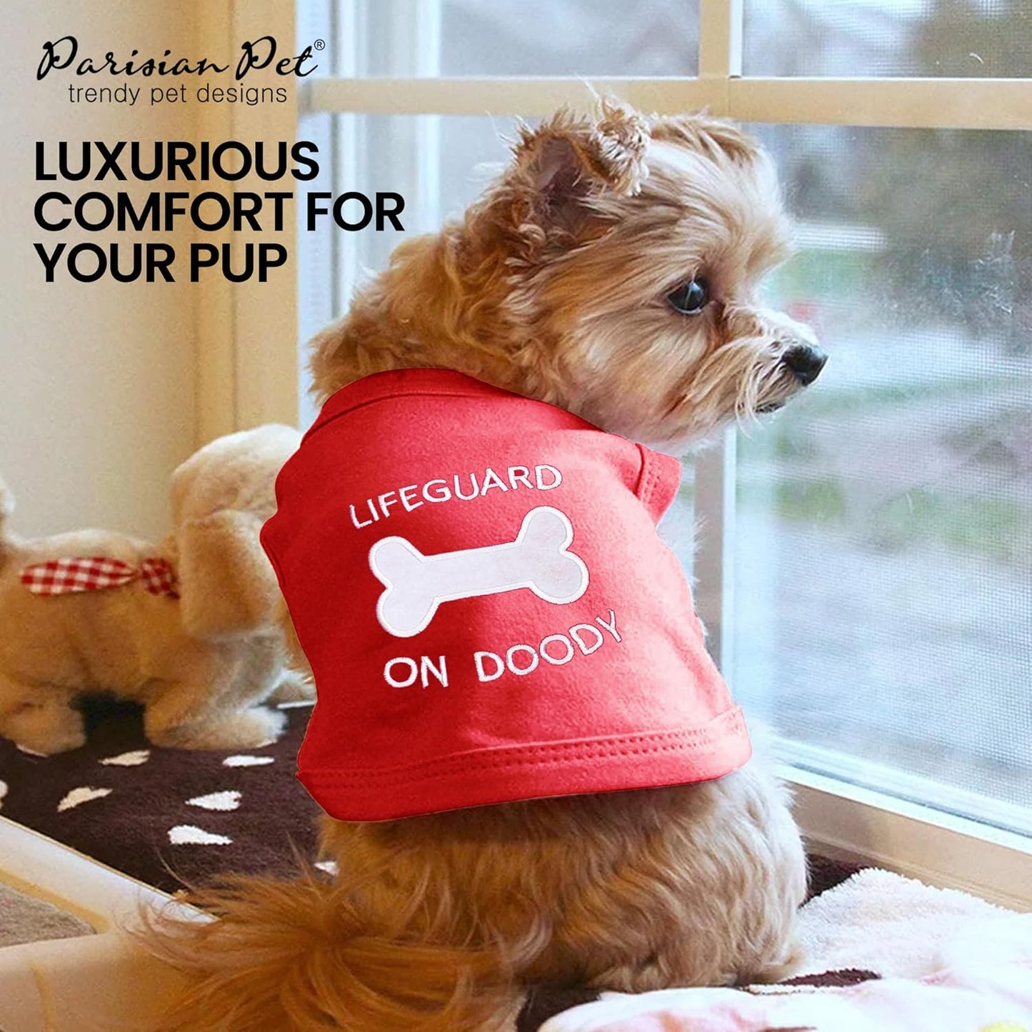 Dog Tshirt - Embroidered “ Lifeguard on Doody “ Boy Shirt - Pure Cotton and Lightweight Clothes - Red Dog Tee Shirts Machine Washable Shirts for Medium Dogs - M