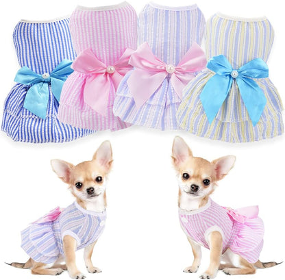 4 Pieces Dog Dresses for Small Girls, Summer Clothes, Cute Puppy Floral Fruits Pattern Female Pet Princess Bowknot Dress, Doggie Cat Outfit (AA, X-Small)