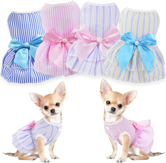4 Pieces Dog Dresses for Small Girls, Summer Clothes, Cute Puppy Floral Fruits Pattern Female Pet Princess Bowknot Dress, Doggie Cat Outfit (AA, X-Small)