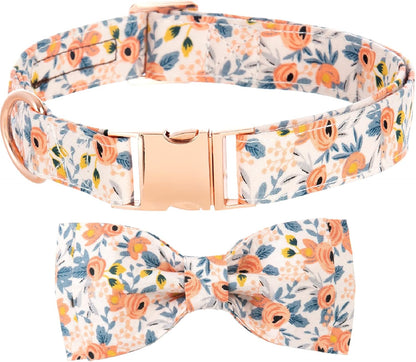 Dog Collar with Bow for Girl Dog, Detachable Bowtie Dog Collar Floral Pattern Girl Dog Collars with Metal Buckle Adjustable Fancy Bow Dog Collar Cute for Puppy Small Medium Large Dogs (Orange M)