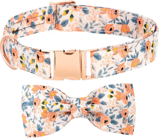 Dog Collar with Bow for Girl Dog, Detachable Bowtie Dog Collar Floral Pattern Girl Dog Collars with Metal Buckle Adjustable Fancy Bow Dog Collar Cute for Puppy Small Medium Large Dogs (Orange M)