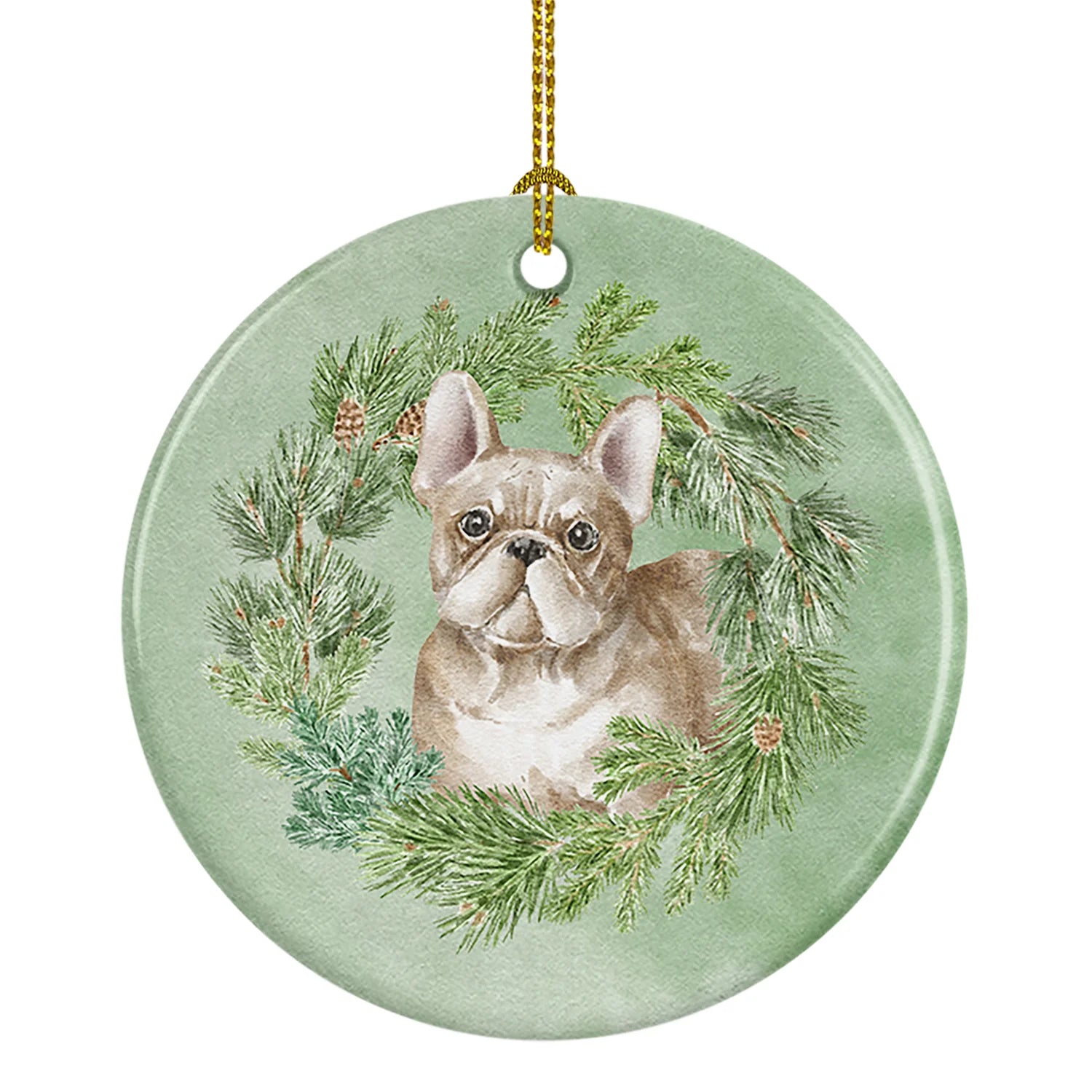 French Bulldog Fawn Christmas Wreath Ceramic Ornament
