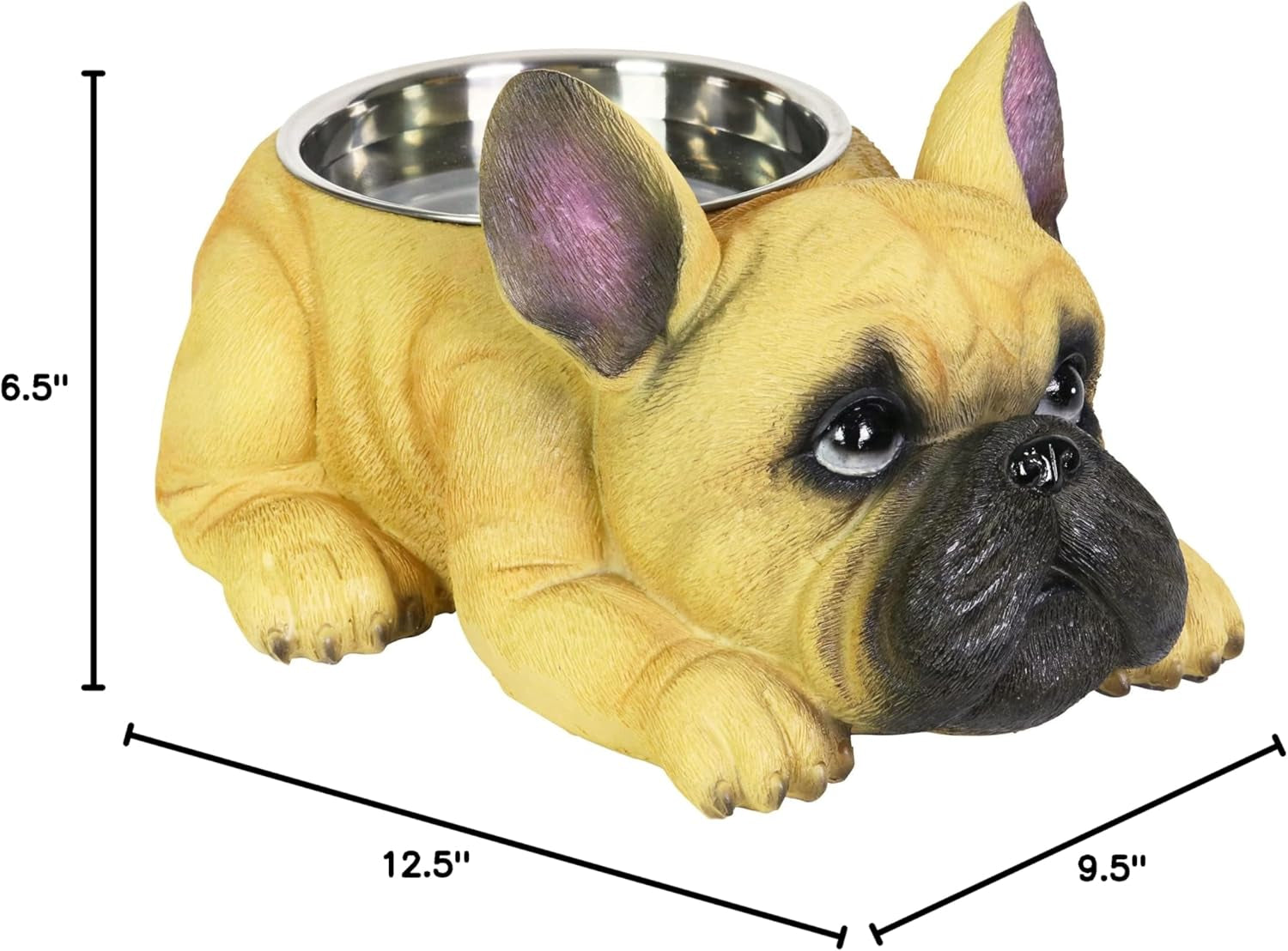 French Bulldog Bowl, Adorable/Durable Resin Dog Décor, Stainless Steel Bowl, 12.5”X9.5”X6.5”