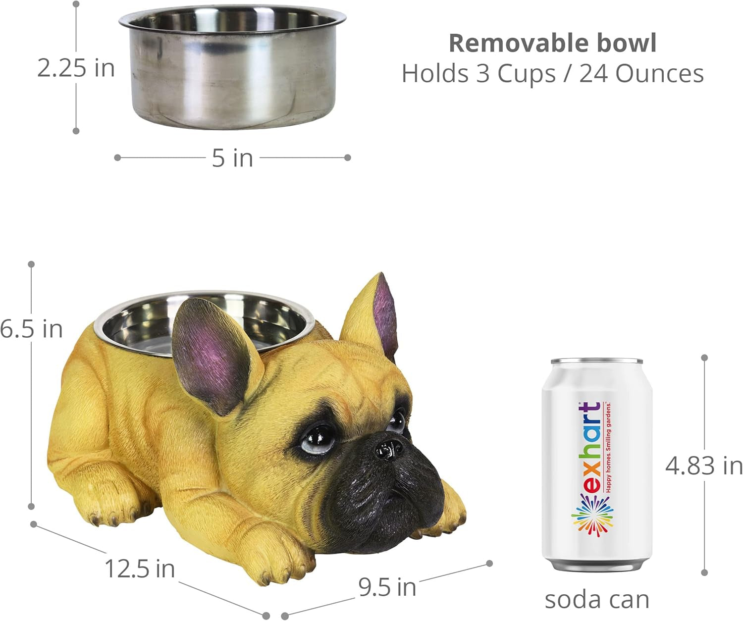 French Bulldog Bowl, Adorable/Durable Resin Dog Décor, Stainless Steel Bowl, 12.5”X9.5”X6.5”
