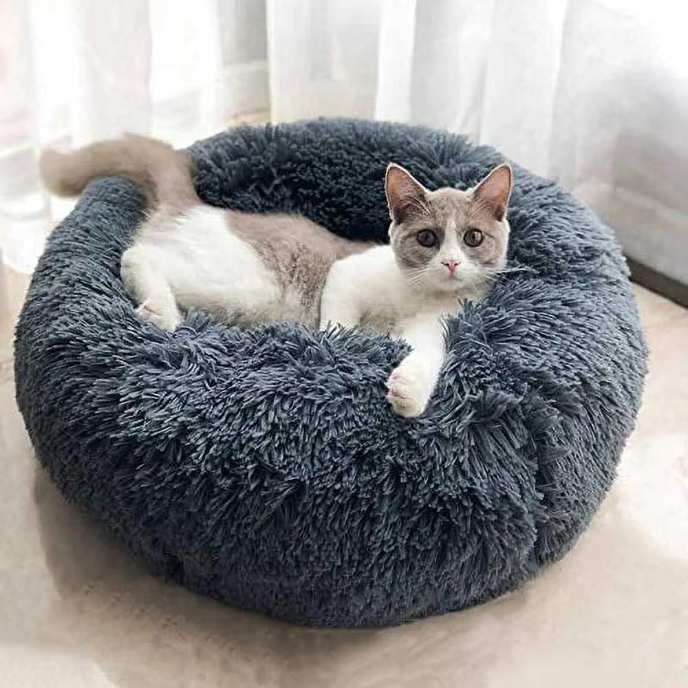 Modern Soft Plush round Pet Bed for Cats or Small Dogs, Mini Medium Sized Dog Cat Bed Self Warming Autumn Winter Indoor Snooze Sleeping Cozy Kitty Teddy Kennel (S(19.7”Dx7.9 H, Dark Grey)