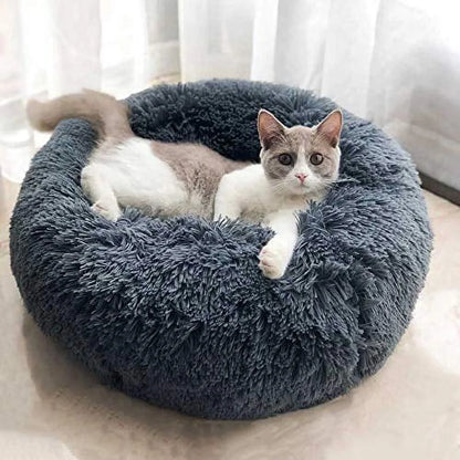 Modern Soft Plush round Pet Bed for Cats or Small Dogs, Mini Medium Sized Dog Cat Bed Self Warming Autumn Winter Indoor Snooze Sleeping Cozy Kitty Teddy Kennel (S(19.7”Dx7.9 H, Dark Grey)