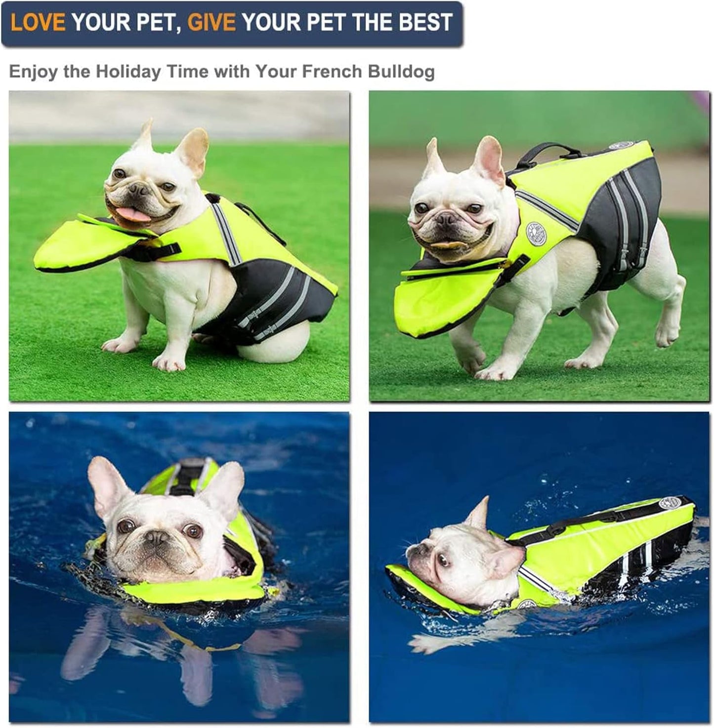 French Bulldog Life Jacket, Life Vest with Chin Float Rescue Handle for Corgi Pug, Adjustable High Visibility Flotation Swim Vest for Swimming Boating (Green)