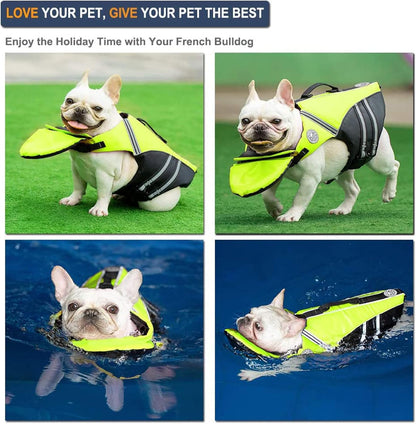 French Bulldog Life Jacket, Life Vest with Chin Float Rescue Handle for Corgi Pug, Adjustable High Visibility Flotation Swim Vest for Swimming Boating (Green)