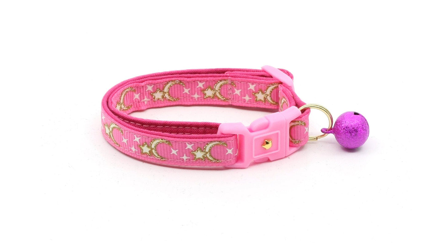 Gold Moons and Stars on Bright Pink Cat Collar