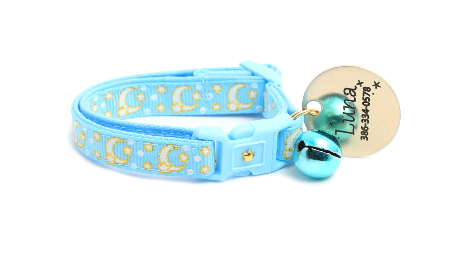 Gold Moons and Stars on Powder Blue Cat Collar